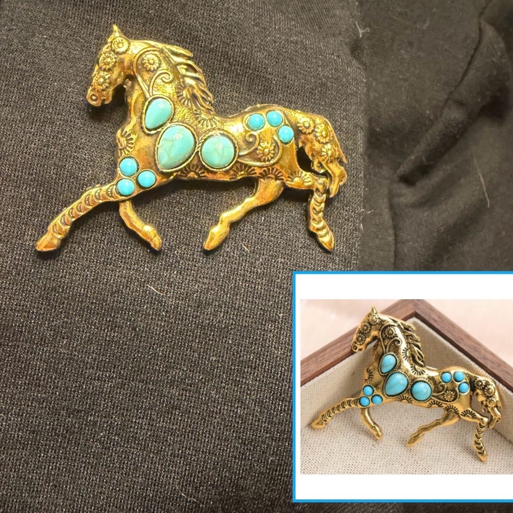 Western Gold Horse Brooch with Turquoise Accents western brooch Cowgirl Cowboy